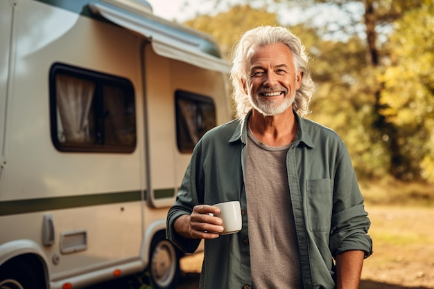 Um velho hipster feliz ativo de pé perto de uma carrinha de campismo em férias