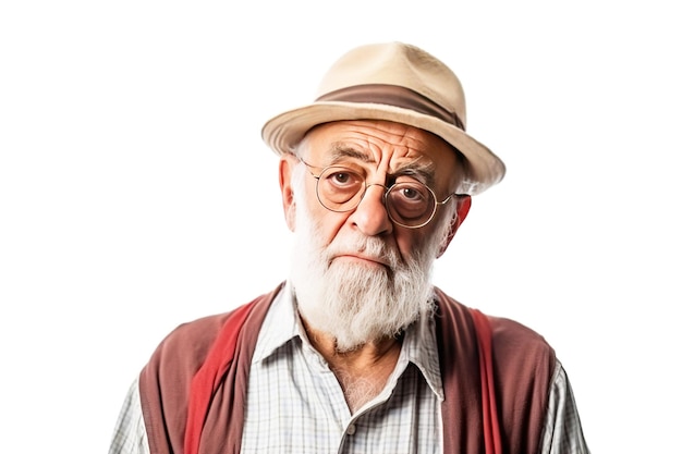 Um velho homem avô grita em raiva raiva agressivamente desapontado fundo branco isolar
