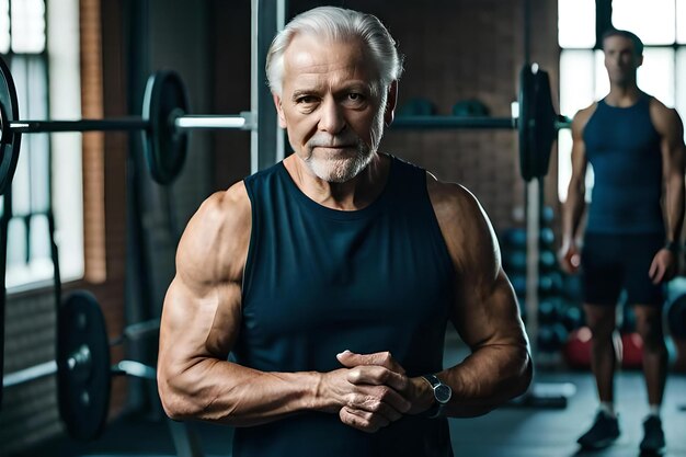 Um velho homem com barba está em um ginásio com uma grande barba branca Fitness Inspiração vista de um homem idoso musculoso envolvido em exercícios intensos de ginásio