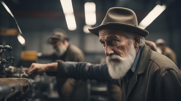 Um velho homem trabalha numa fábrica Um velho homem desencadeia o varealismo Fotografia de alto detalhe Problemas de desigualdade social Trabalho de aposentadoria Pobreza e uma vida difícil