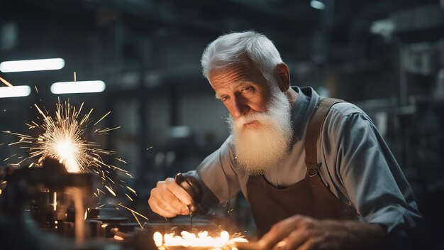 Um velho homem trabalha numa fábrica Um velho homem desencadeia o varealismo Fotografia de alto detalhe Problemas de desigualdade social Trabalho de aposentadoria Pobreza e uma vida difícil