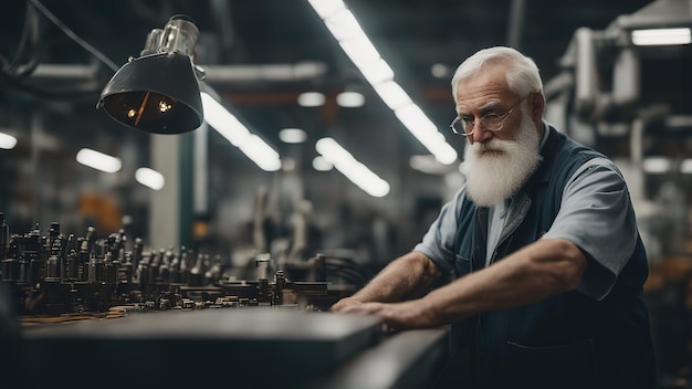 Um velho homem trabalha numa fábrica Um velho homem desencadeia o varealismo Fotografia de alto detalhe Problemas de desigualdade social Trabalho de aposentadoria Pobreza e uma vida difícil