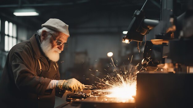 Um velho homem trabalha numa fábrica Um velho homem desencadeia o varealismo Fotografia de alto detalhe Problemas de desigualdade social Trabalho de aposentadoria Pobreza e uma vida difícil