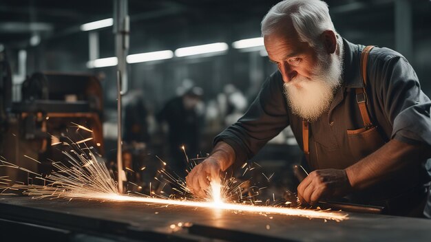 Um velho homem trabalha numa fábrica Um velho homem desencadeia o varealismo Fotografia de alto detalhe Problemas de desigualdade social Trabalho de aposentadoria Pobreza e uma vida difícil