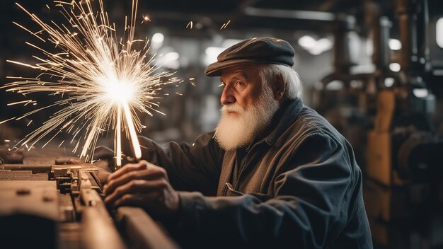 Um velho homem trabalha numa fábrica Um velho homem desencadeia o varealismo Fotografia de alto detalhe Problemas de desigualdade social Trabalho de aposentadoria Pobreza e uma vida difícil