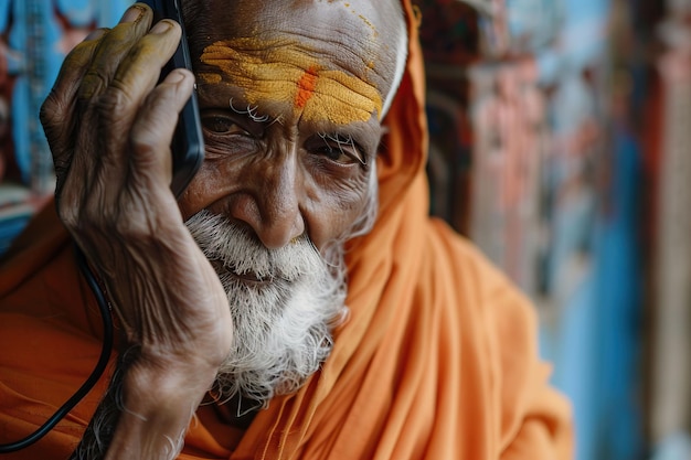 Um velho monge indiano a falar ao telefone em close-up