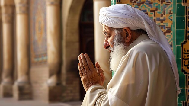 Um velho muçulmano está rezando em uma mesquita ele está vestindo um turbante branco e um longo roupão branco suas mãos são levantadas em súplica