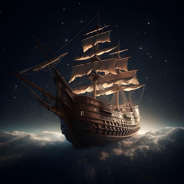Um velho navio de madeira navegando no espaço