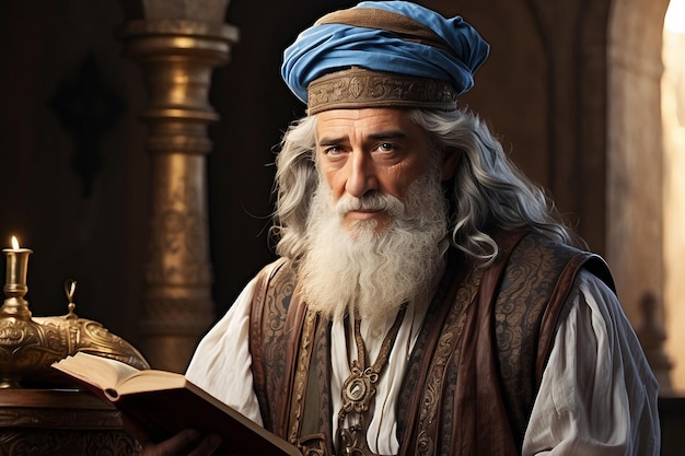 Foto um velho padre com um turbante azul na cabeça está lendo um livro