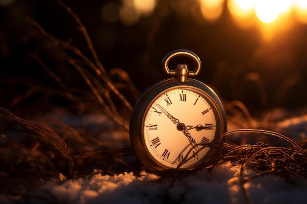 um velho relógio de bolso sentado na neve ao pôr do sol