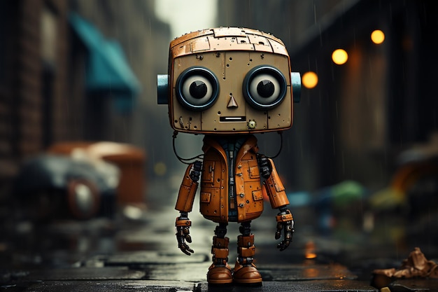 Um velho robô de pé na chuva na cidade