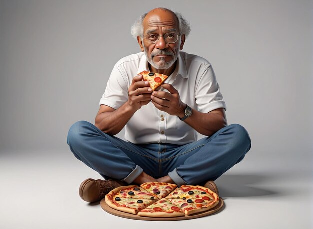 Foto um velho sentado no chão a comer pizza.