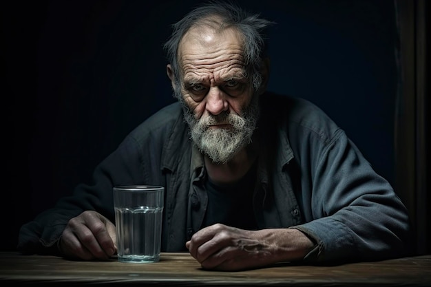 Um velho solitário com um copo de água nas mãos.