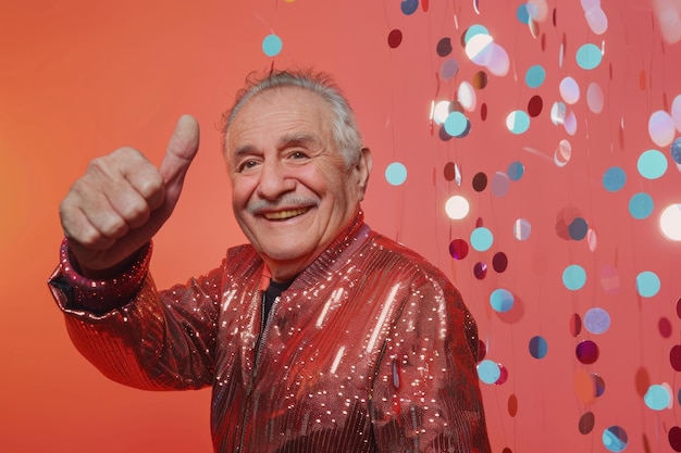 Foto um velho sorridente feliz mostrando o polegar para cima isolado em fundo de discoteca de cores