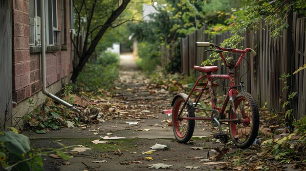 Um velho triciclo vermelho enferrujado fica abandonado em um beco estreito entre dois edifícios