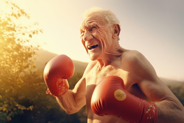 Um velho usando luvas de boxe está lutando com a mão direita