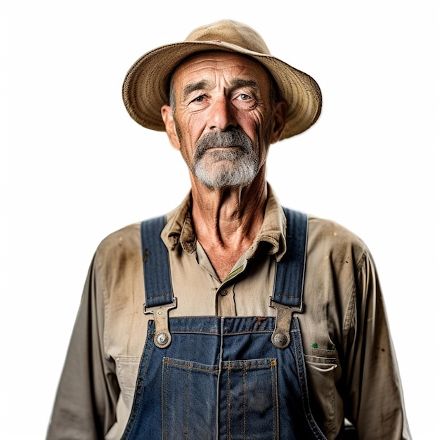 Um velho vestindo macacão e um chapéu com a palavra "fazenda" nele.