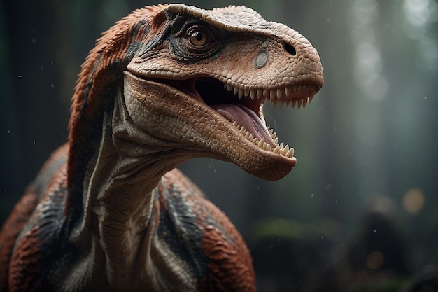 Um Velociraptor feroz a atravessar a floresta.