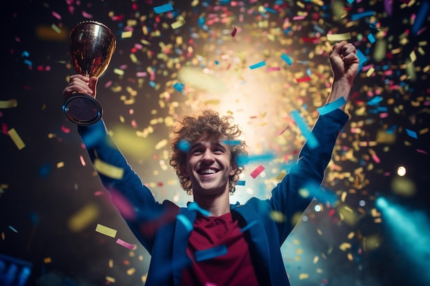 Um vencedor feliz no palco segurando o troféu em suas mãos com confetes de luz coloridos com IA gerativa