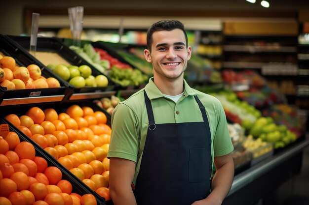 Foto um vendedor alegre e atraente que trabalha numa loja de frutas.