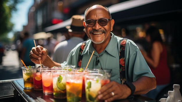 Um vendedor ambulante vendendo papel de parede aguas frescas