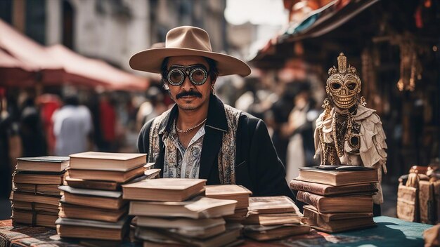 Um vendedor de livros de rua com uma máscara vende livros velhos num mercado de rua.