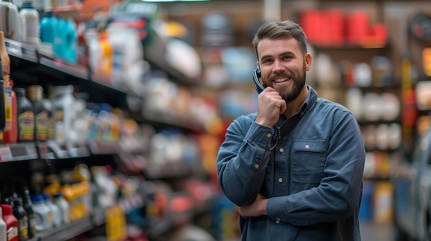 Um vendedor de peças de automóveis está ao telefone com um cliente.