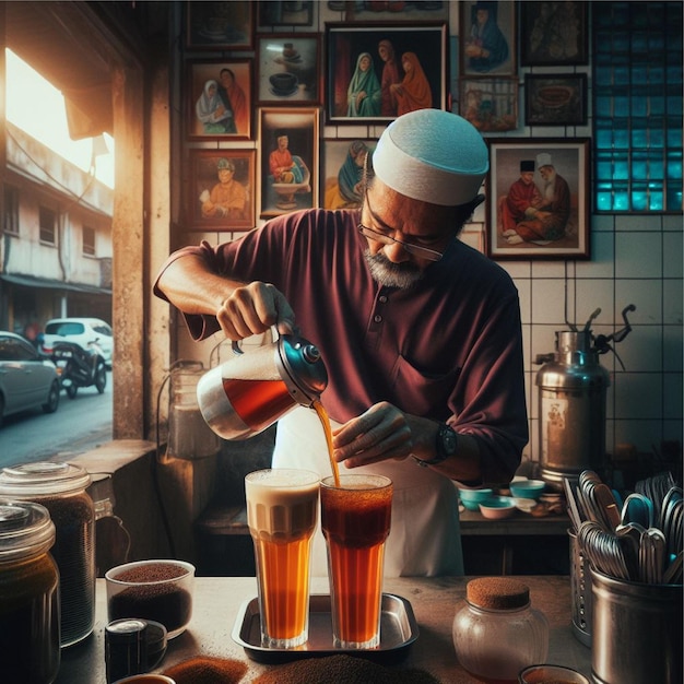 Foto um vendedor de teh tarik está desenhando misturas de chá em dois copos grandes com uma tomada no fundo