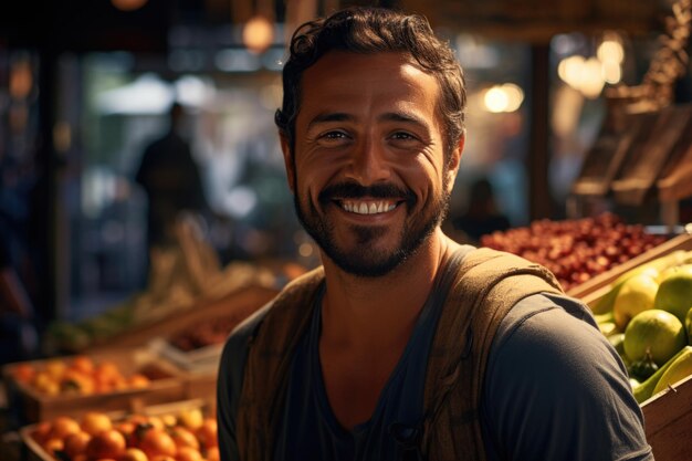 Foto um vendedor sorridente vende frutas frescas em um mercado.