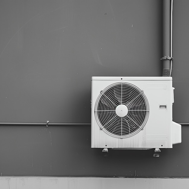 Foto um ventilador branco e preto está montado em uma parede