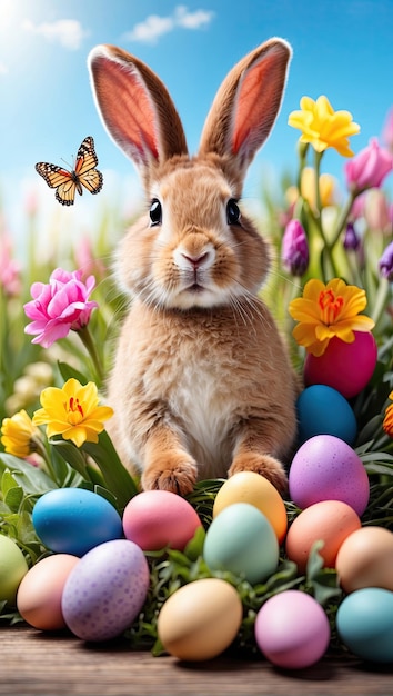 Um verdadeiro coelho de Páscoa bonito com ovos coloridos e flores de primavera um cartão de férias tradicional gerado pela IA