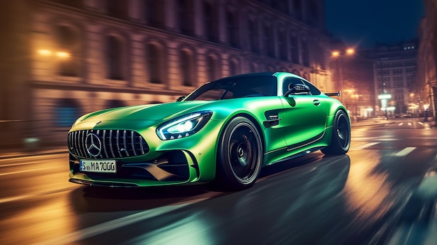 Um verde mercedes - amg gt r carro esporte dirigindo em uma rua da cidade à noite.