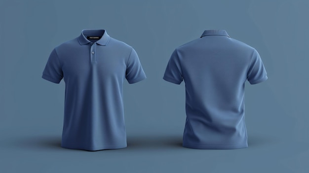 Foto um versátil modelo moderno de camisa de polo azul que mostra tanto a frente quanto a parte de trás, perfeito para adicionar seus próprios projetos e logos, feito de materiais de alta qualidade.