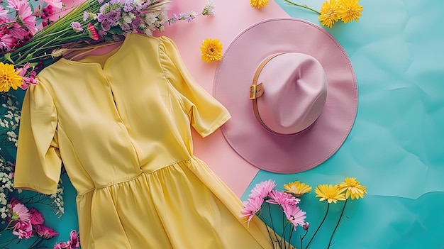 Um vestido amarelo e um chapéu rosa são exibidos em uma mesa com flores