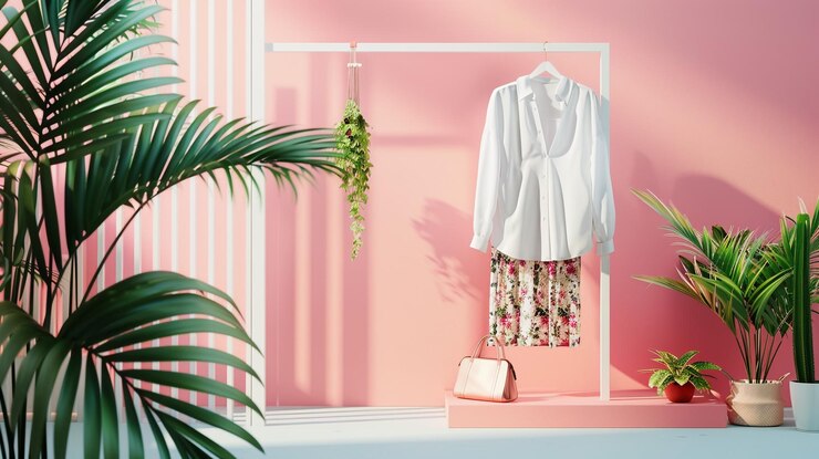 Foto um vestido branco pendurado em um gancho com uma planta em primeiro plano