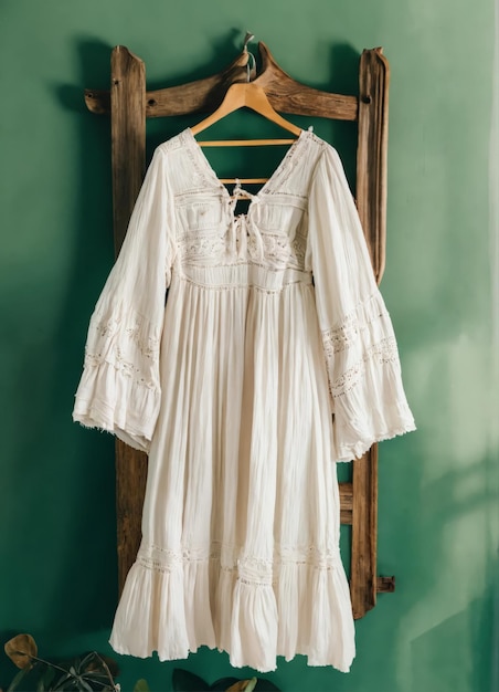 Um vestido branco vintage num gancho.