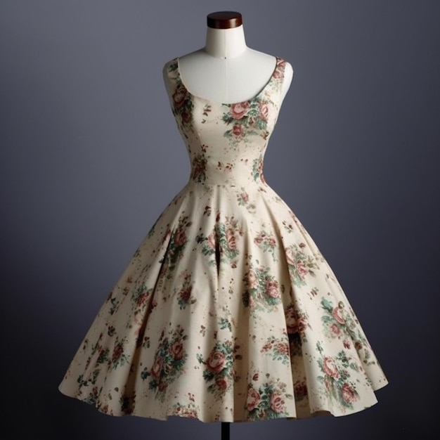 Um vestido com estampa floral está em um manequim.