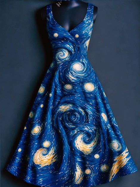 Um vestido com um padrão de noite estrelada rodopiante inspirado nas obras de Van Gogh