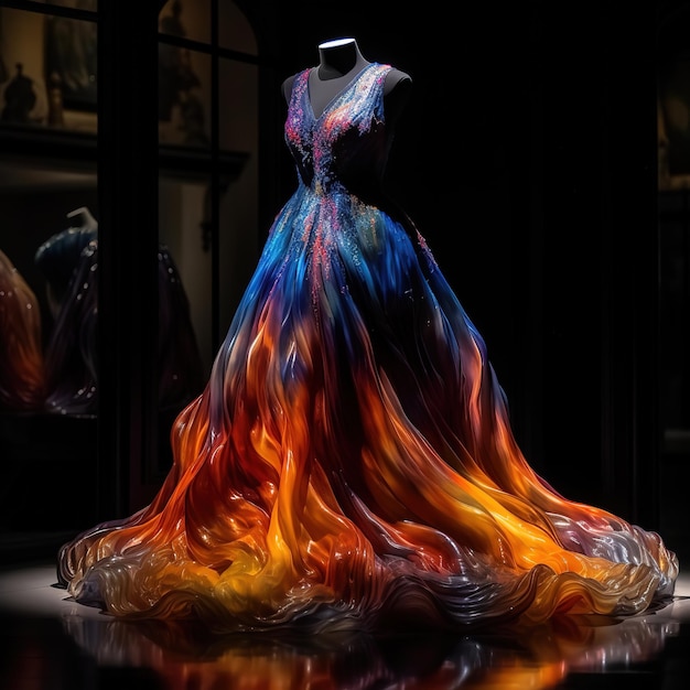 Um vestido com uma saia longa que diz 'fire' on it