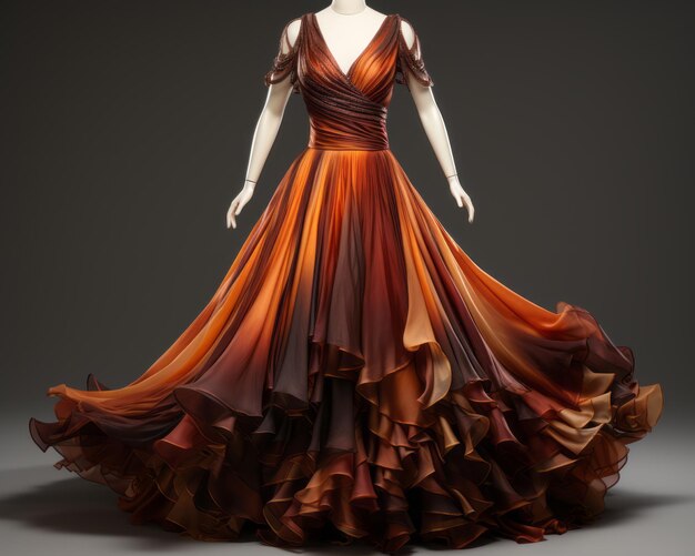 um vestido de manequim com babados laranja e marrons