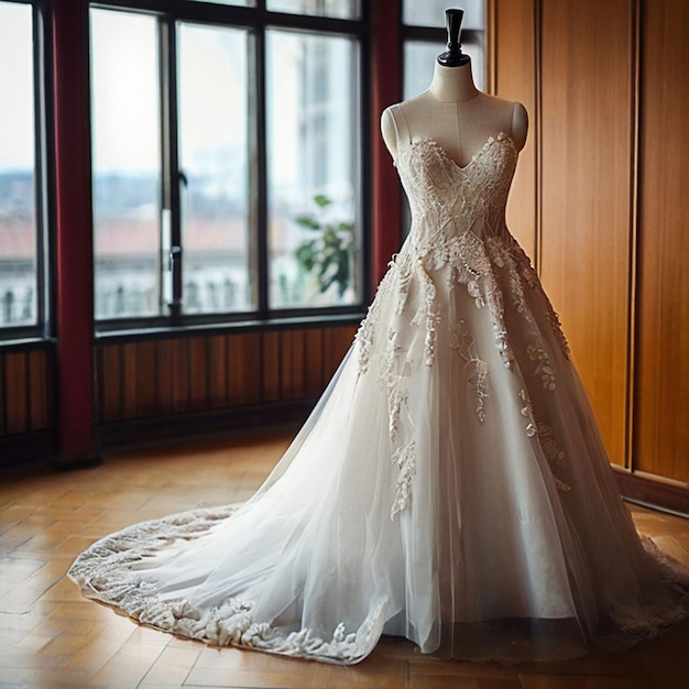 Um vestido de noiva branco incrível no manequim.