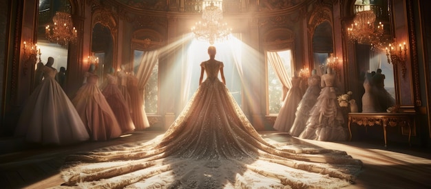 Um vestido de noiva de luxo impressionante está no centro das atenções na loja de noivas imagem gerada por IA