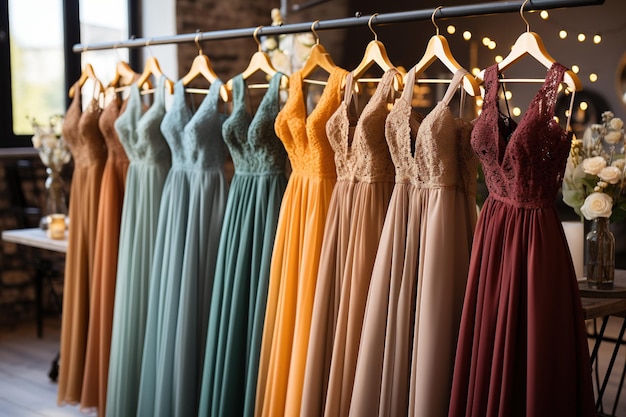 Foto um vestido de noiva está em cabides com vestidos diferentes na loja no estilo de azul azul claro e ouro escuro apropriação subversiva roxo claro e castanho técnicas inovadoras