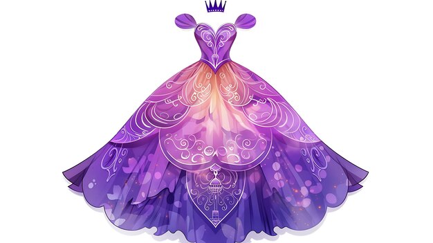 um vestido de princesa roxo e roxo com uma coroa na parte superior
