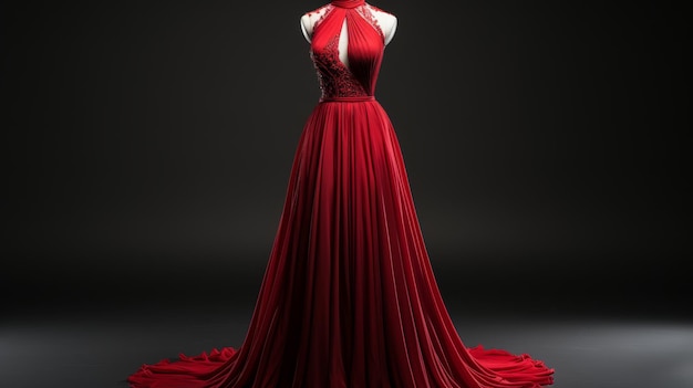 Um vestido vermelho vibrante graciosamente cascada em um manequim contra um fundo preto