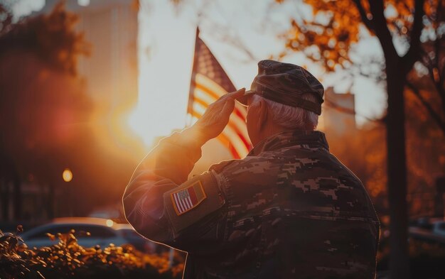 Um veterano idoso respeitoso em uniforme militar saúda a bandeira americana em uma cerimônia solene do Dia da Memória que incorpora patriotismo e honra