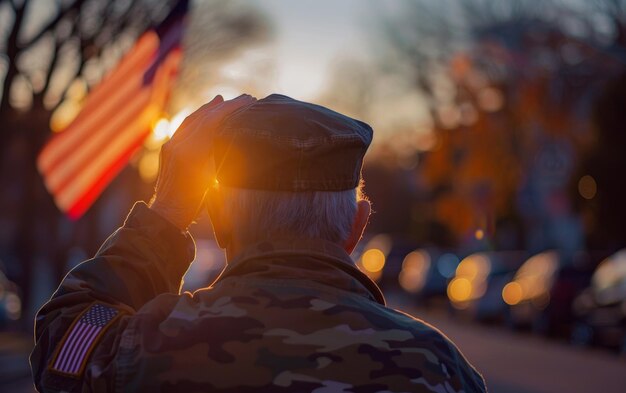 Um veterano idoso respeitoso em uniforme militar saúda a bandeira americana em uma cerimônia solene do Dia da Memória que incorpora patriotismo e honra