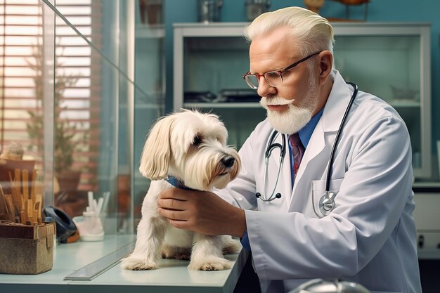 Um veterinário adulto examina um cão em uma clínica