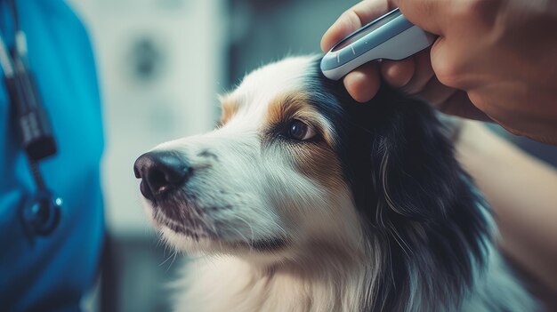 Um veterinário bonito examina o cão, toma a temperatura e faz testes na clínica para doenças.