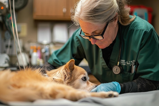 Foto um veterinário confortando um cão de estimação maltratado